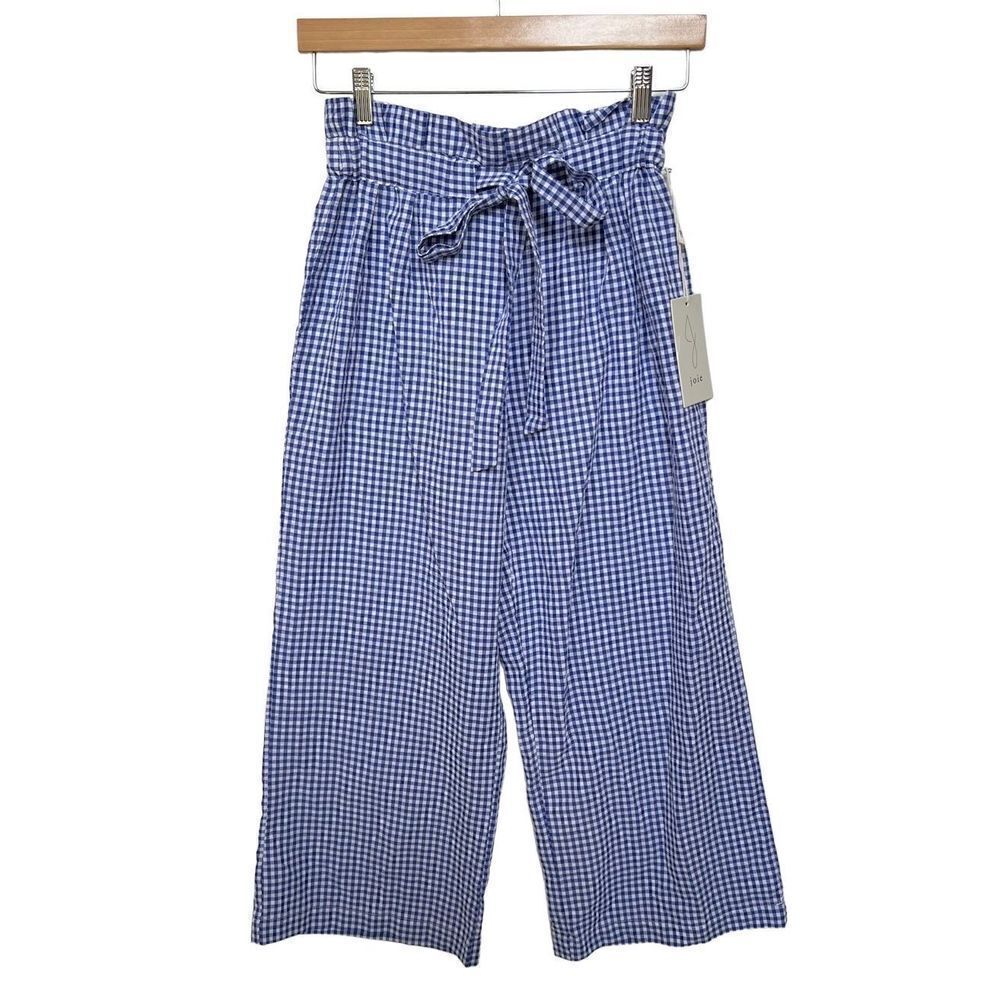 NWT Joie Wide Leg Pants Gingham Plaid Paper Bag High Waist Tie Blue White sz XS